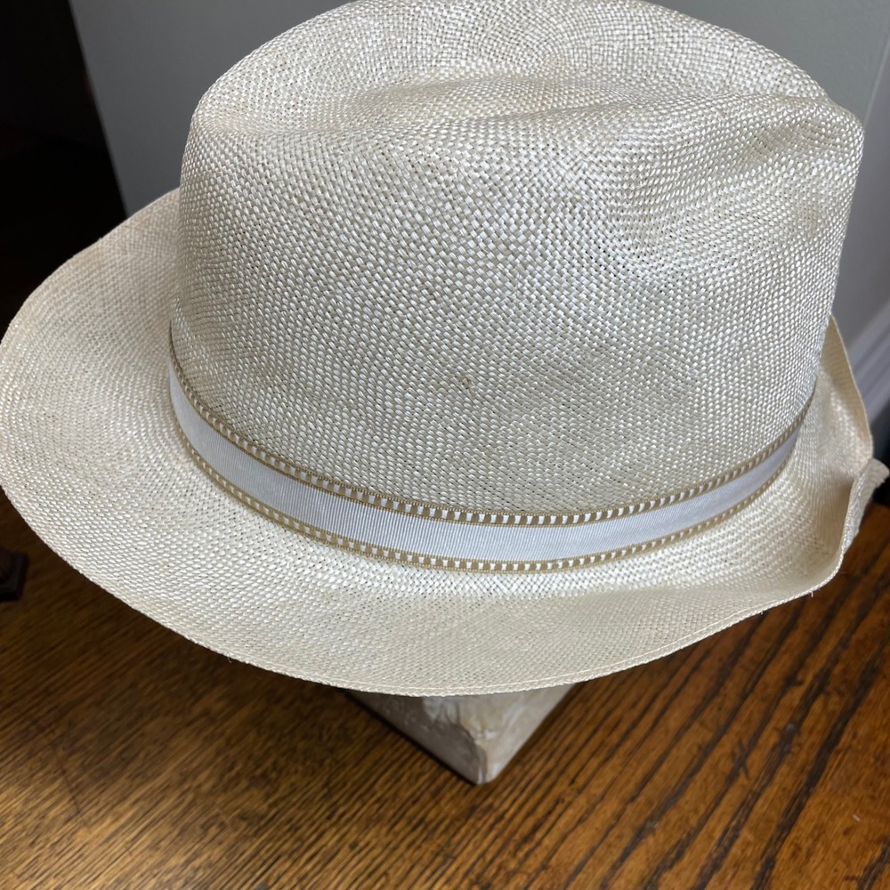 Stetson Straw Fedora Hat Cream Off White Woven Panama Style Size 7 5/8 61cm Luxe - Picture 12 of 15